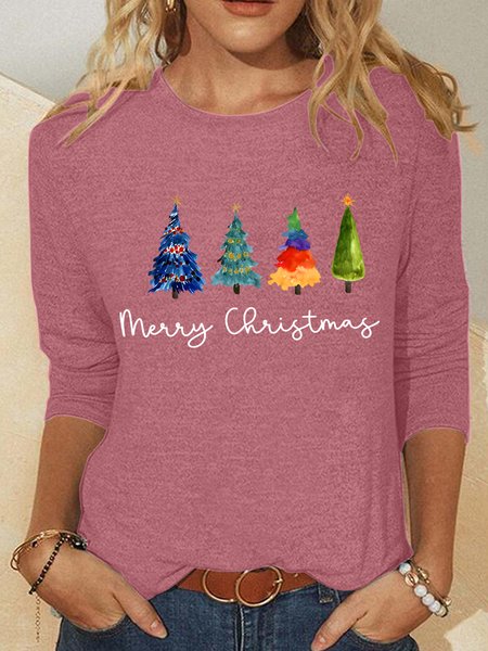 

Crew Neck Long Sleeve Christmas Tree Regular Medium Elasticity Loose Blouse For Women, Watermelon, Blouses