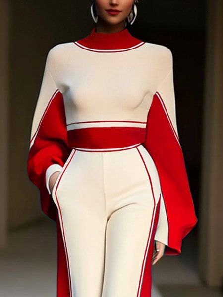 

Raglan Sleeve Elegant Mock Neck Color Block Sweatshirt, White-red, Pullovers