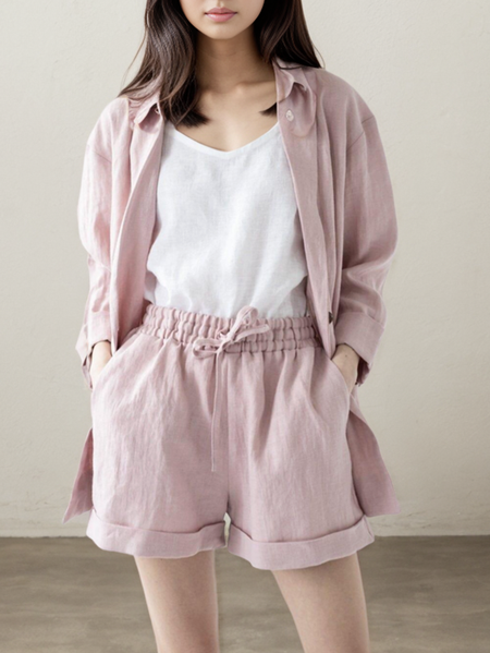 

Plain Lapel Collar Linen Loose Two-Piece Set, Pink, Suits