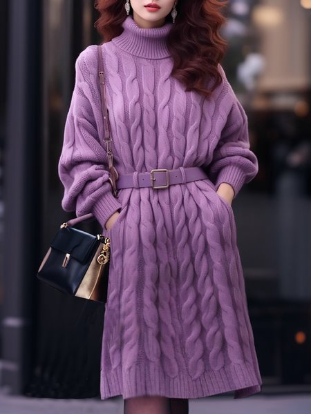 

Elegant Turtleneck Sweater Dress With No Belt, Purple, Midi Dresses