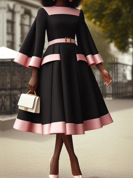 

Regular Fit Bell Sleeve Crew Neck Three Quarter Sleeve Elegant Color Block Midi Dress With Belt, Black, Midi Dresses
