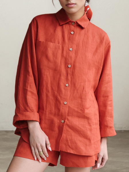 Linen Loose Shirt Collar Two-Piece Set, Orange, Suits