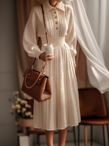 

Plain Elegant Balloon Sleeve Regular Fit Sweater Midi Dress, White, Midi Dresses