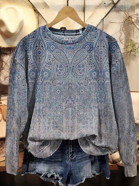 

Women's Vintage Ethnic Print Casual Sweatshirt, Blue, Hoodies&Sweatshirts