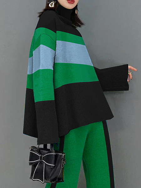 

Casual Color Block Loose Turtleneck Long Sleeve Sweater, As picture, Pullovers