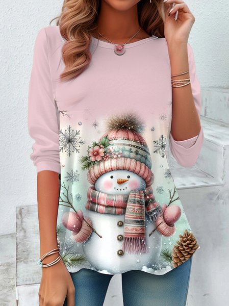 

Women's Long Sleeve Tee T-shirt Spring/Fall Christmas Snowman Printing Jersey Crew Neck Holiday Going Out Casual Top, Pink, T-Shirts