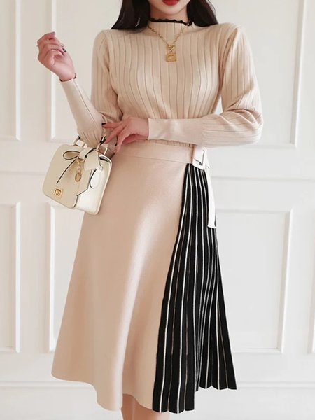 

Elegant Mock Neck Regular Sleeve Sweater Dress, Apricot, Midi Dresses
