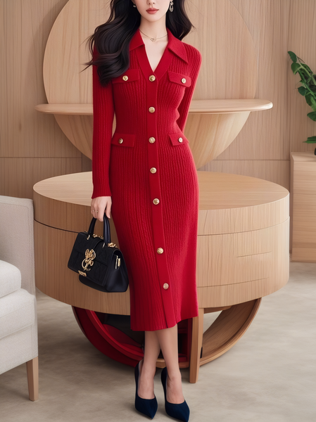 Regular Sleeve Elegant Shawl Collar Sweater Dress, Red, Midi Dresses
