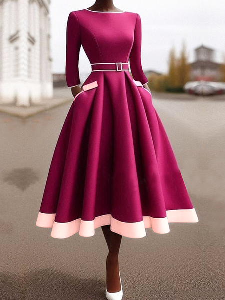 

Color Block Regular Sleeve Regular Fit Crew Neck Three Quarter Sleeve Elegant Dress With Belt, Rose red, Midi Dresses