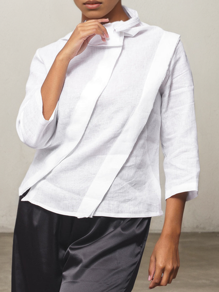 

Plain Linen Mock Neck Loose Blouse, White, Blouses & Shirts