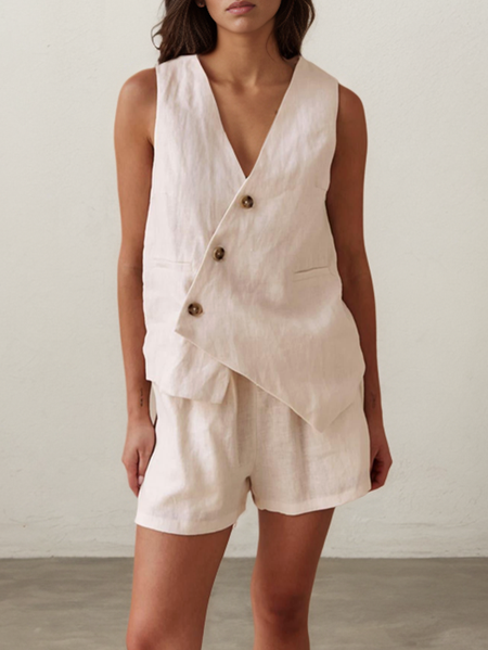 

Linen V Neck Cotton And Linen Regular Fit Two-Piece Set, Oatmeal, Suits