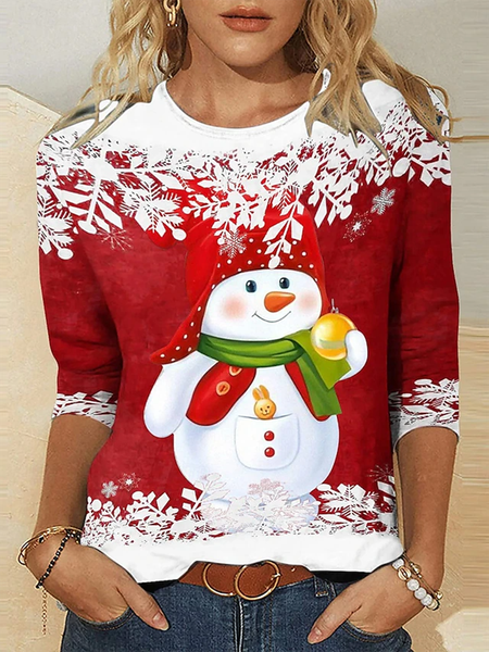 

Women's Long Sleeve Tee T-shirt Spring/Fall Christmas Snowman Printing Jersey Crew Neck Holiday Going Out Casual Top, Red, T-Shirts