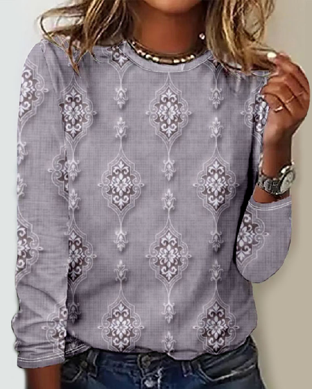 

Crew Neck Casual Loose 3D Printing T-Shirt, As picture, Long sleeves
