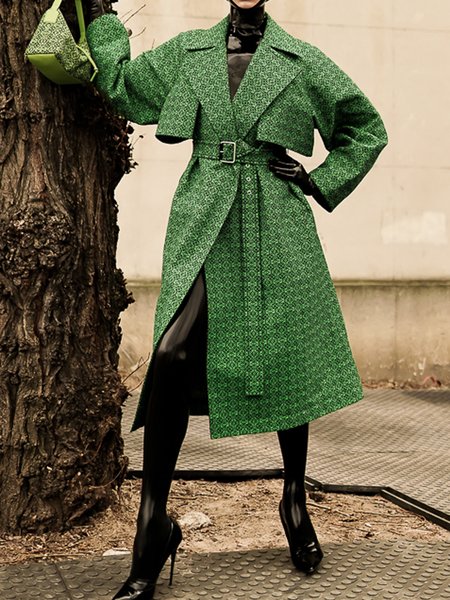 

Urban Lapel Collar Coat With Belt, Green, Coats