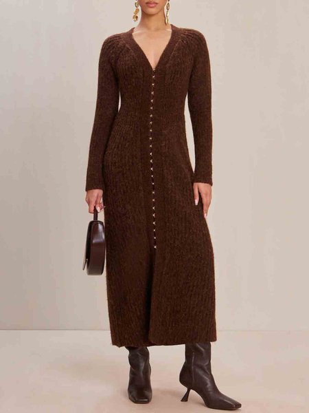 Elegant Plain Raglan Sleeve Sweater Dress, Coffee, Midi Dresses