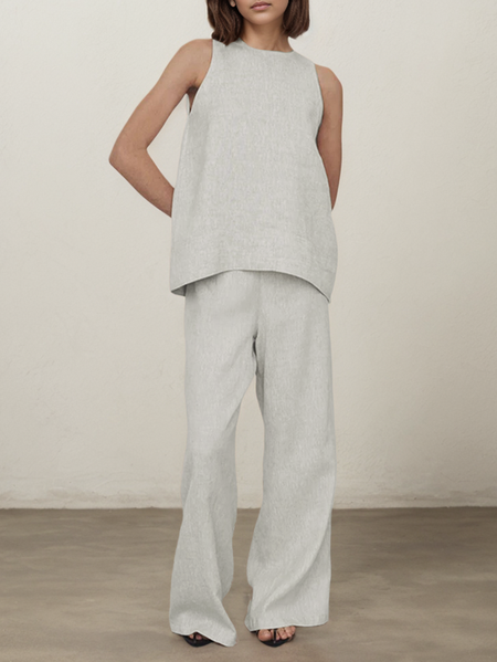 

Crew Neck Plain Linen Loose Two-Piece Set, Oatmeal, Suits