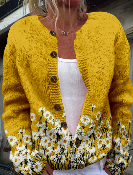 Crew Neck Casual Knitted Cardigan, As picture, Cardigans