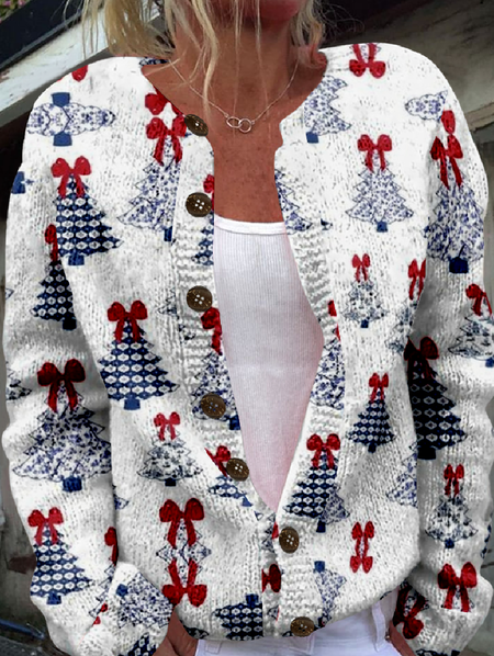 

Loose Knitted Christmas Tree Casual Cardigan, As picture, Cardigans