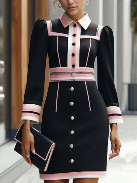 

Color Block Elegant Regular Fit Shawl Collar Regular Sleeve Dress, As picture, Midi Dresses