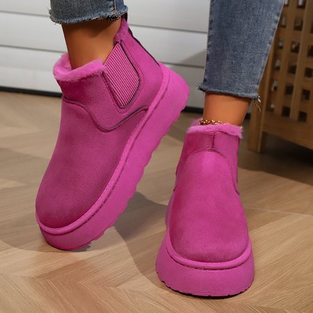 Winter Simple Plain Faux Fur Cotton-Padded Boots, Deep pink, Shoes