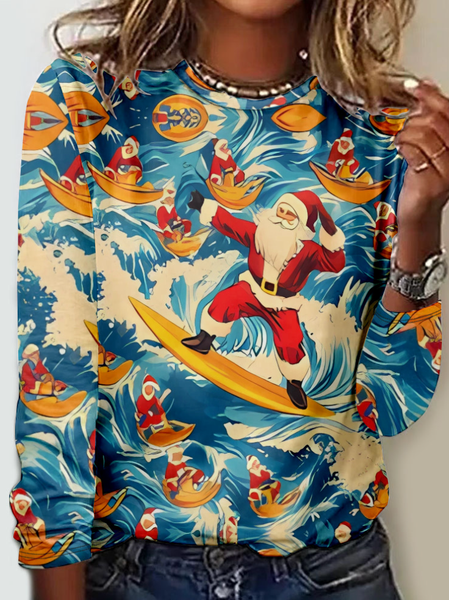 

Casual Santa Claus Crew Neck Long Sleeve T-shirt, Blue, T-shirts