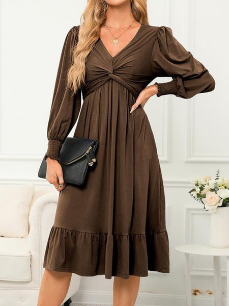 Women's Long Sleeve Spring/Fall Blue Plain V Neck Daily Going Out Casual Midi H-Line Dress, Deep brown, Midi Dresses