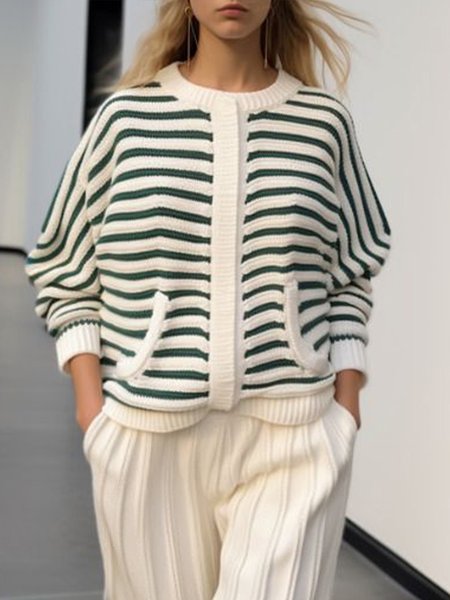 

Raglan Sleeve Crew Neck Sweater Casual Cardigan, Green, Cardigans