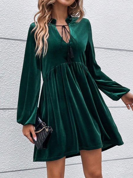 

Women's Long Sleeve Spring/Fall Plain Dress Notched Holiday Going Out Casual Mini H-Line, Darkgreen, Dresses