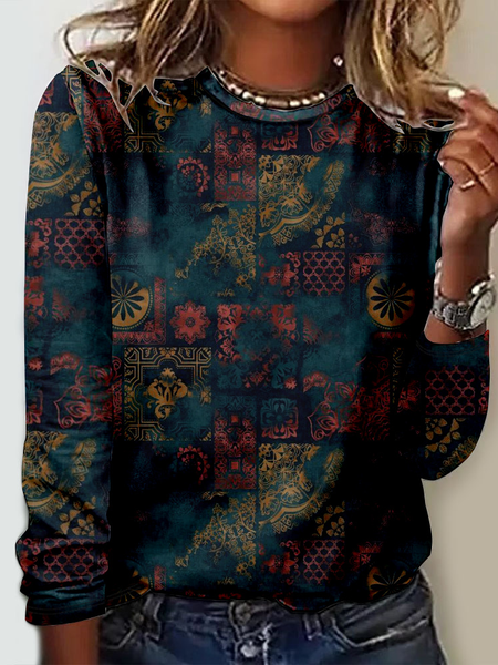 

Casual Ethnic Crew Neck Long Sleeve T-shirt, Multicolor, T-shirts