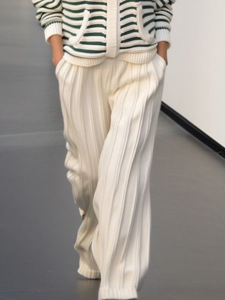 

Plain Casual Loose Wide leg Sweater Pants, Off white, Pants