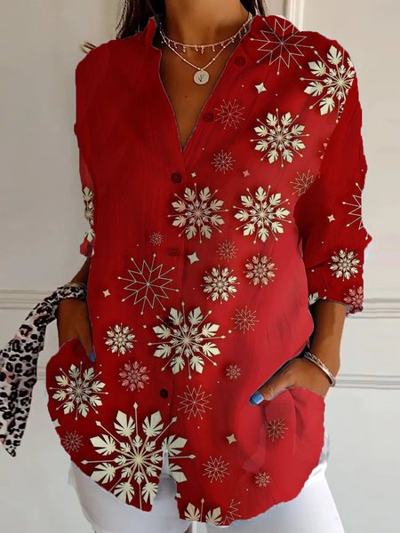 

Shirt Collar Long Sleeve Christmas Regular Loose Shirt For Women, Red, Shirts