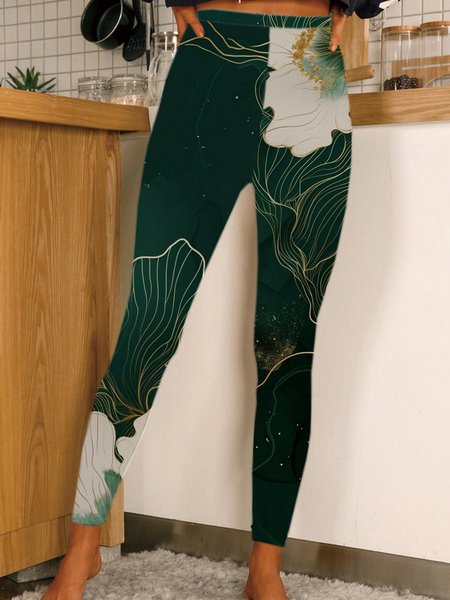 

Women's Casual Floral Jersey All Season Long Leggings, Darkgreen, Leggings