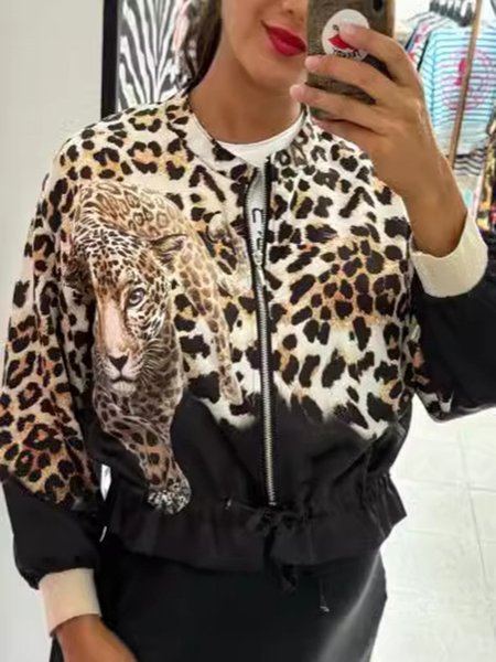 Women's Spring/Fall Outerwear Casual Leopard Long Sleeve Jacket, Khaki, Coats