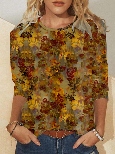 

Casual Floral Crew Neck Long Sleeve T-shirt, Multicolor, T-shirts