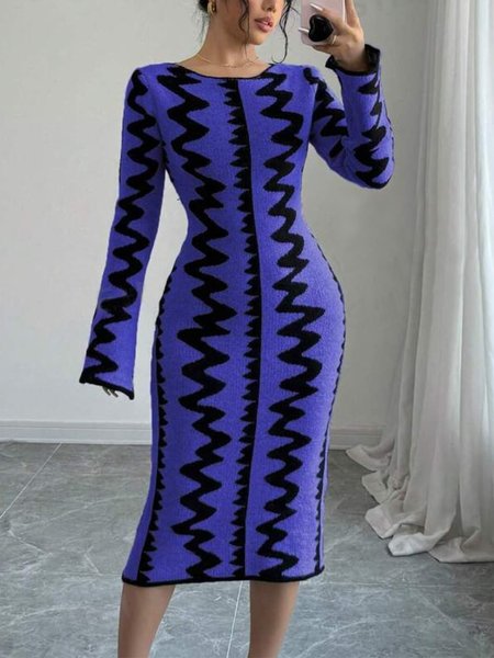

Chevron Elegant Crew Neck Sweater Midi Dress, Purple, Midi Dresses