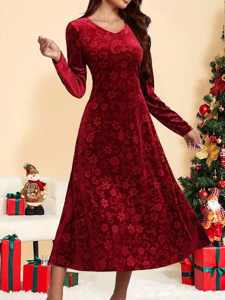 

Women's Long Sleeve Spring/Fall Plain Dress V Neck Holiday Going Out Casual Maxi H-Line, Red, Dresses