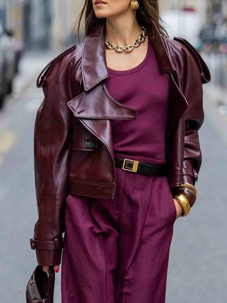 Urban Plain Pu Long Sleeve Lapel Collar Faux Leather Coat, Wine red, Jackets