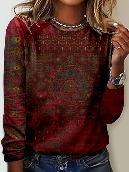 

Casual Ethnic Crew Neck Long Sleeve T-shirt, Red, T-shirts