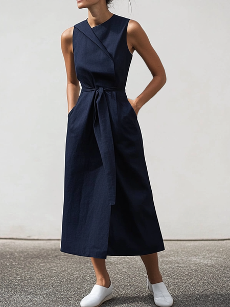 

Linen Plain Regular Fit Cotton And Linen Dress, Dark blue, Maxi Dresses