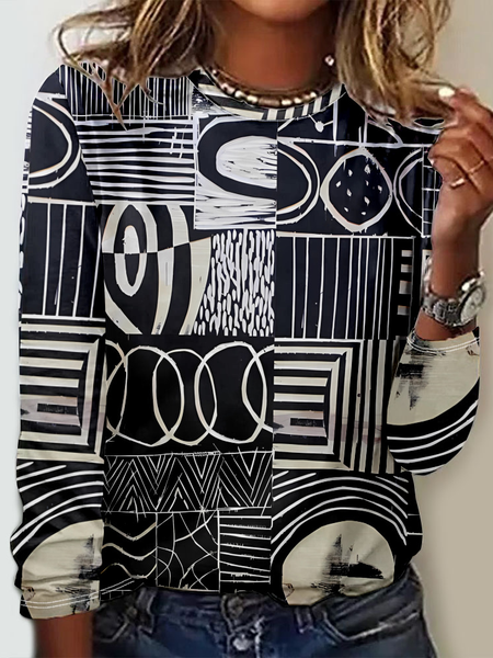 

Casual Ethnic Crew Neck Long Sleeve T-shirt, As picture, T-shirts