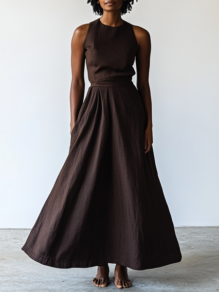 Plain Crew Neck Linen Cotton And Linen Dress, Coffee, Maxi Dresses
