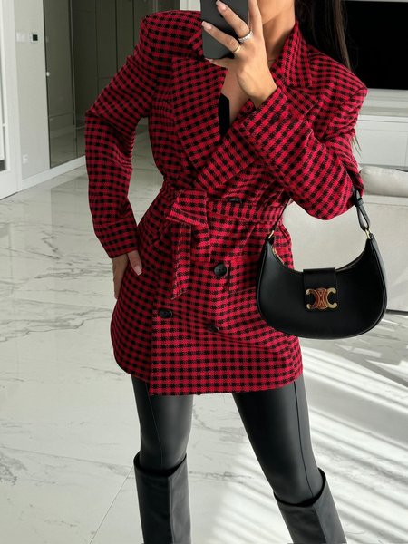 

Women's Spring/Fall Outerwear Casual Houndstooth Long Sleeve Lapel Collar Regular Blazer, Red, Coats