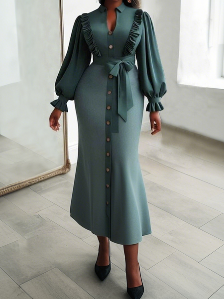 

Shirt Collar Plain Elegant Shirt Maxi Dress With Belt, Green, Maxi Dresses