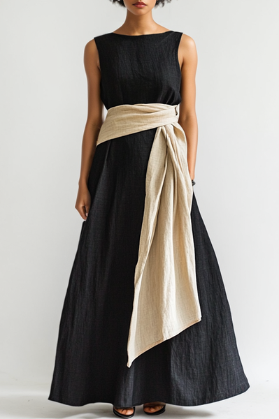 

Crew Neck Regular Fit Linen Plain Dress, Dark blue, Maxi Dresses