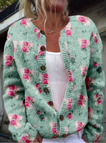 

Watercolor French Rose Repeat Pattern Print Buttoned Cardigan, Green, Cardigans