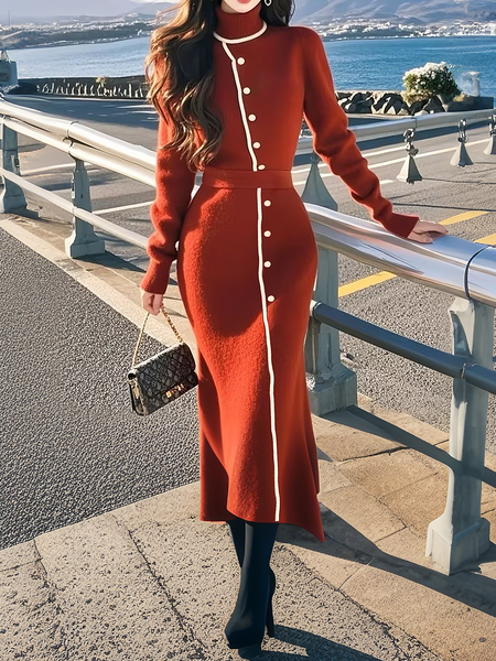 High Elasticity Turtleneck Elegant Tight Color Block Sweater Midi Dress, As picture, Midi Dresses