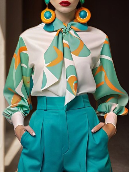 Elegant Random Print Bow Blouse, As picture, Blouses and Shirts