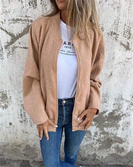 Women's Plain Regular Loose Jacket, Nude, Outerwear