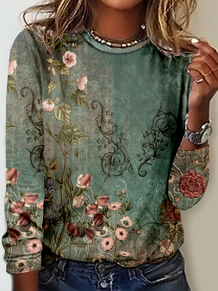 

Casual Ethnic Crew Neck Long Sleeve T-shirt, Green, T-shirts