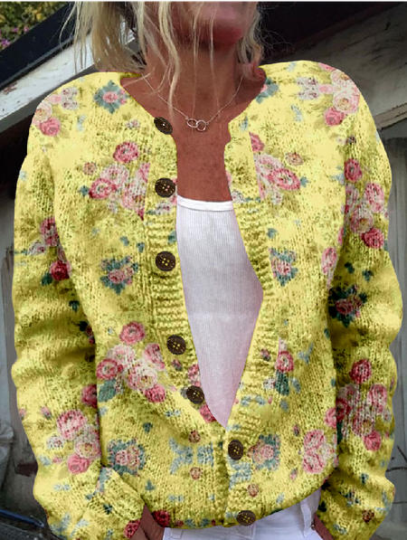 

Crew Neck Vintage Knitted Loose Cardigan, Yellow, Cardigans